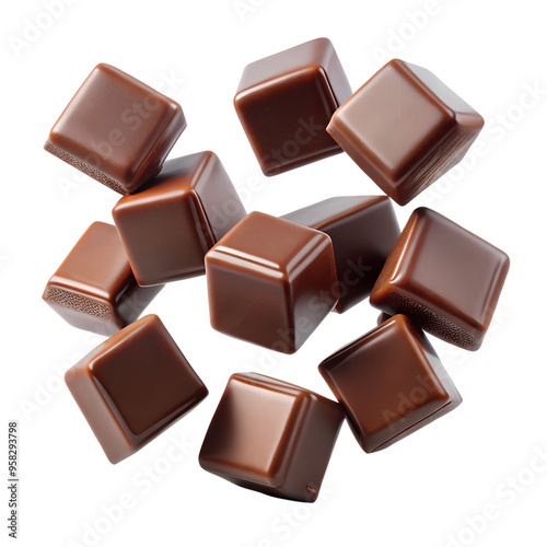 floating chocolate cubes isolated on white and transparent background