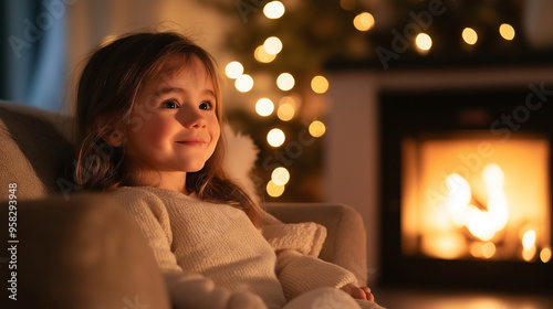 A young child without hair, sitting in a cozy armchair by a fireplace, smiling peacefully, symbolizing the warmth and comfort they find during their journey.