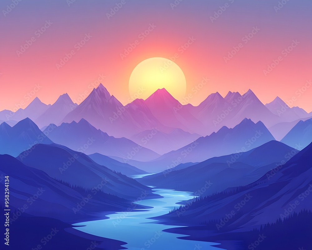Serene Sunset Mountainscape Illustration Serene Sunset Mountainscape Illustration