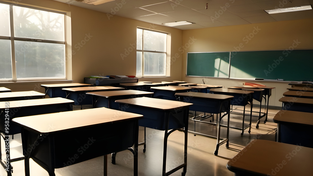 A Classroom Scene with Empty Desks Facing a Whiteboard and Morning Sunlight (Rentrée Scolaire). A Classroom Scene with Empty Desks Facing a Whiteboard and Morning Sunlight (Rentrée Scolaire).