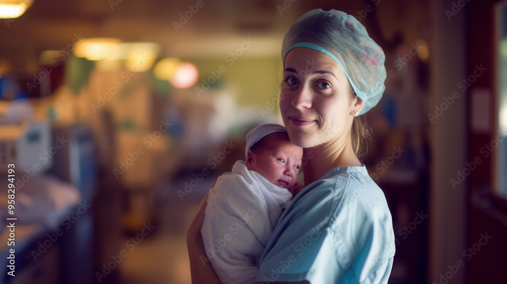 A kind nurse is gently holding a newborn baby within a hospital room A kind nurse is gently holding a newborn baby within a hospital room