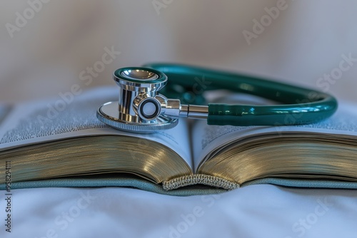Medical knowledge education concept with stethoscope on open book