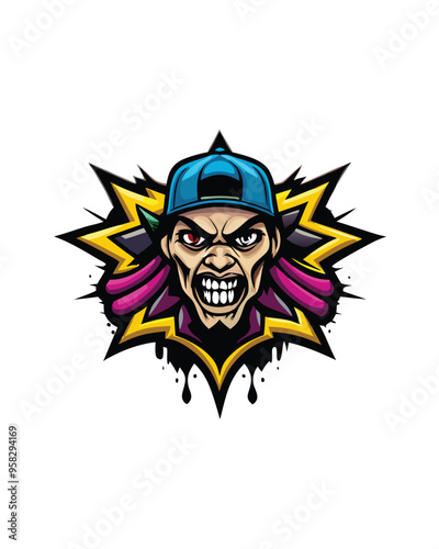 Illustrate a dynamic urban street art design with a graffiti style, featuring a stylized face with a menacing expression, wearing a baseball cap, and set against a bold background.