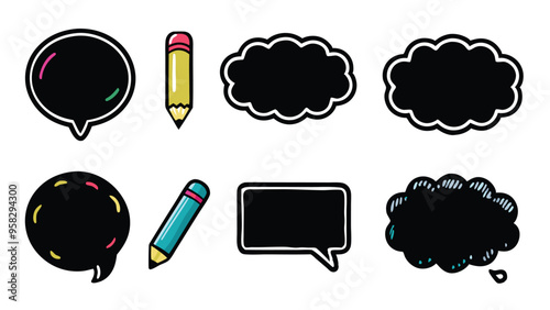 Set of cute hand drawn speech bubbles in different shapes, with crayon and chalk borders.