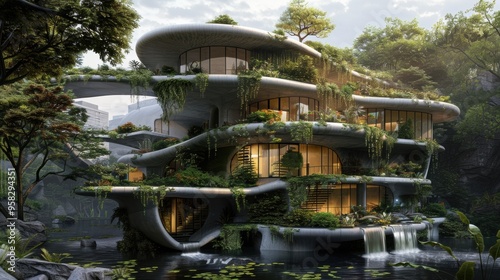 Sustainable Futuristic Eco Friendly Jungle Villa with Waterfall and Smart Architecture