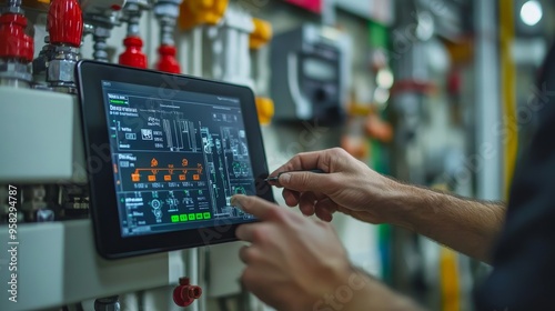 Digital water meter interface on a tablet, a technician calibrating the system, real-time data and metrics displayed in a smart home setting