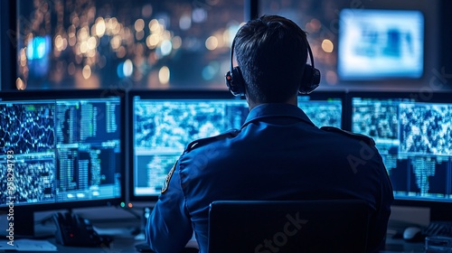 Intense Focus: Police Officer Managing High-Tech 911 Call Center with Multiple Screens Showing Emergency Calls and Data