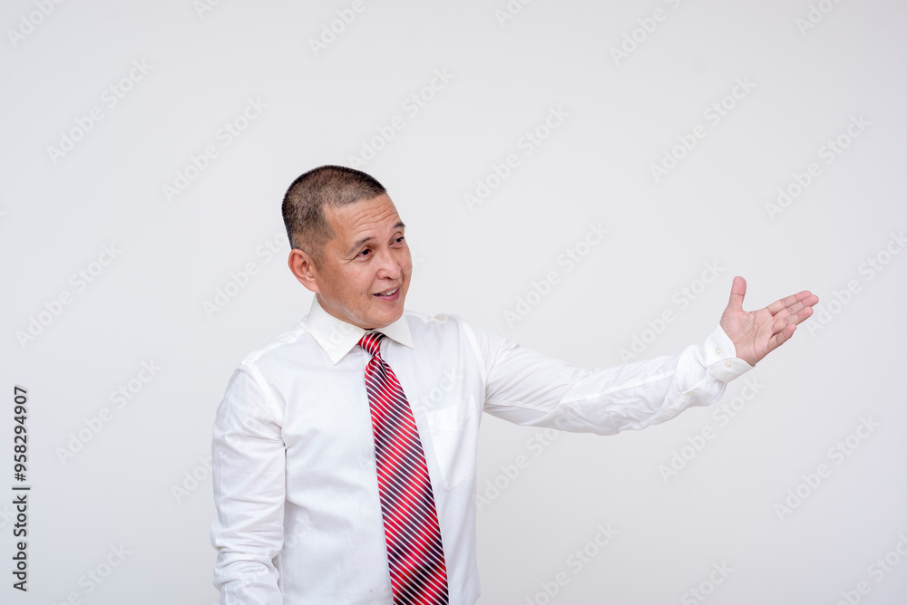 Friendly middle aged office male professional introducing someone or something to the right, with a hand gesture. Isolated on a white background. Friendly middle aged office male professional introducing someone or something to the right, with a hand gesture. Isolated on a white background.