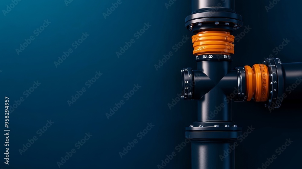 Exploded view of a water meter with labeled pipe system, parts separated for clarity, in high-tech 3D rendering, metallic textures, clean and modern design. Exploded view of a water meter with labeled pipe system, parts separated for clarity, in high-tech 3D rendering, metallic textures, clean and modern design.