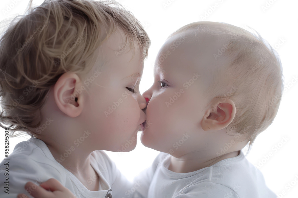 Young boy sharing a loving kiss with a baby sibling Young boy sharing a loving kiss with a baby sibling