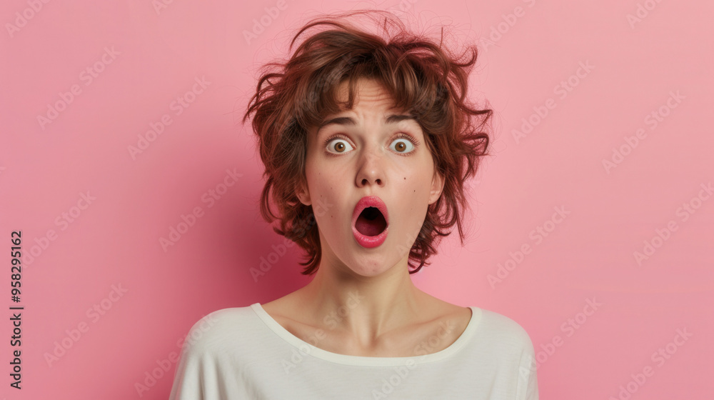 A woman with curly hair is surprised with her mouth open