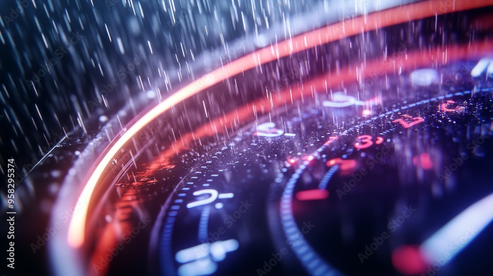 Futuristic digital water gauge with fluctuating readings during a storm, against a dark, rain-soaked background, glowing holographic lines and numbers, high-tech interface, vibrant neon colors. Futuristic digital water gauge with fluctuating readings during a storm, against a dark, rain-soaked background, glowing holographic lines and numbers, high-tech interface, vibrant neon colors.
