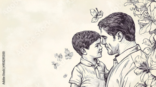 Fathers day line art style vector illustration, father and son line art illustration