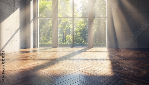 Empty Interior Wall with Sunlight Illuminating Parquet Floor Spacious Room Banner with Copy Space