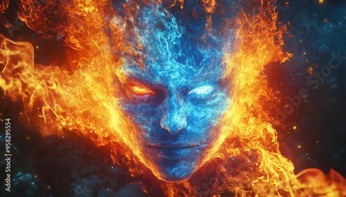 Fiery Demon Face Emerging from Flames in Dark Smoke