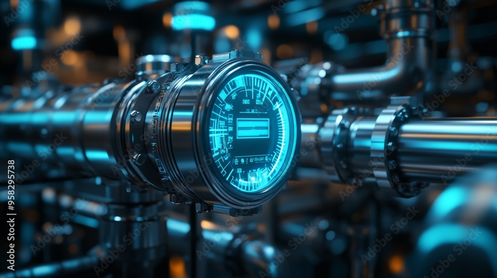 Fototapeta premium Futuristic water meter connected to sleek metallic pipes in an industrial setting, illuminated by blue holographic light, high-tech aesthetic, digital illustration, dark ambiance.