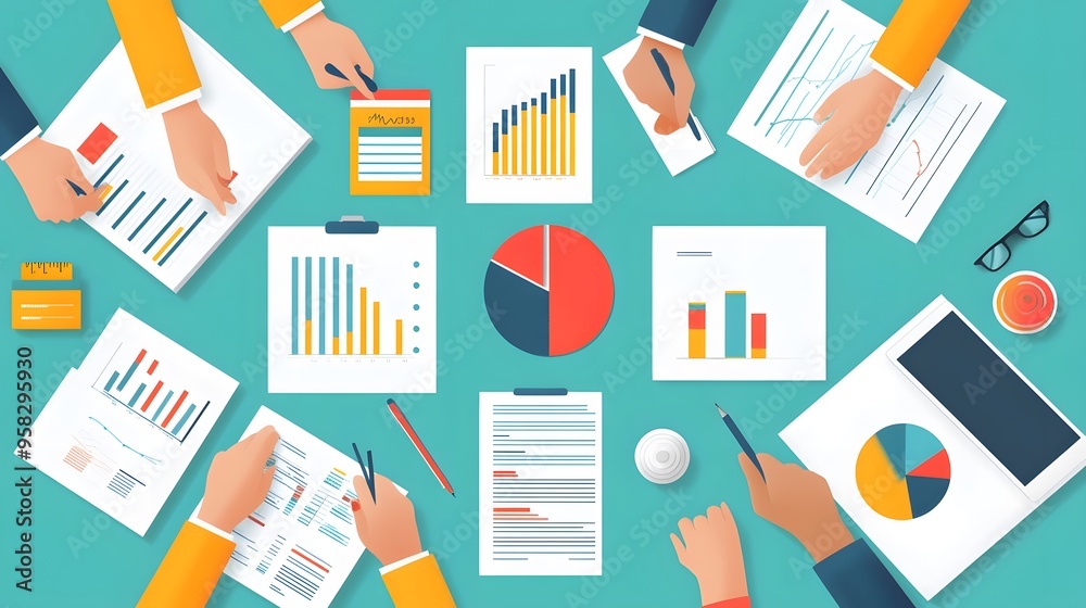 Business Meeting Illustration: Analyzing Data and Charts with Team Members Business Meeting Illustration: Analyzing Data and Charts with Team Members