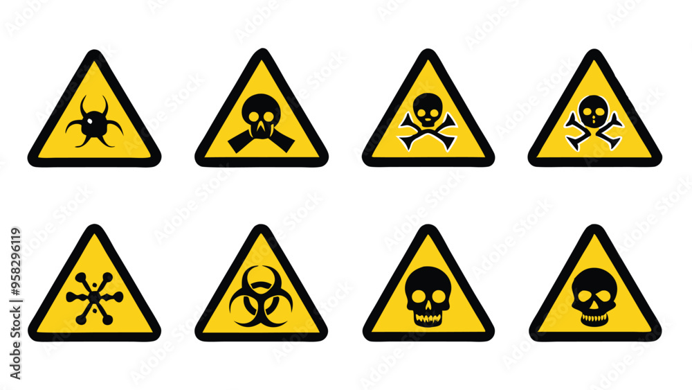 Set of eight yellow warning signs with black borders and black icons, including a skull and crossbones, a skull and gas mask, a biohazard symbol, and a skull. Set of eight yellow warning signs with black borders and black icons, including a skull and crossbones, a skull and gas mask, a biohazard symbol, and a skull.
