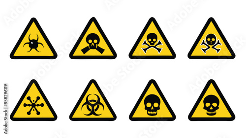 Free Download Set of eight yellow warning signs with black borders and black icons, including a skull and crossbones, a skull and gas mask, a biohazard symbol, and a skull. - GFXLoad