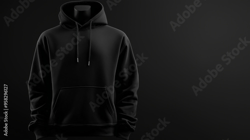 A sleek black hoodie on a mannequin, blending perfectly with the matte black background, giving the mockup a sophisticated and modern aesthetic.