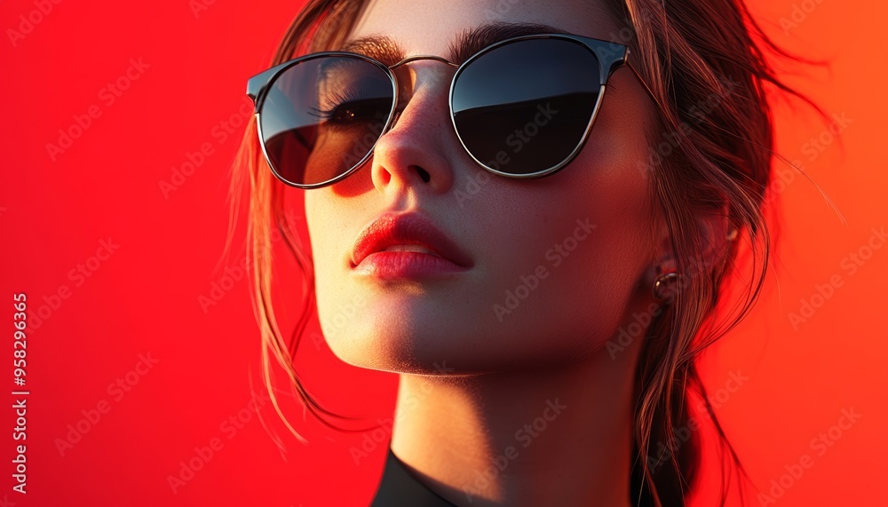 Person Wearing Sunglasses with Dramatic Red Lighting on Face Person Wearing Sunglasses with Dramatic Red Lighting on Face