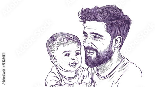 Fathers day line art style vector illustration, father and son line art illustration