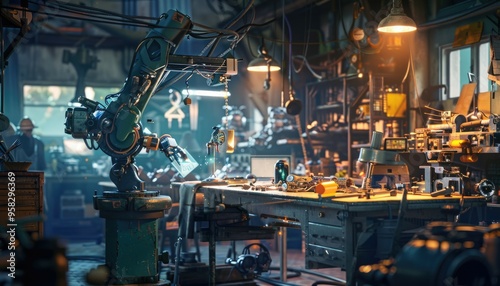 A metalworker in an industrial workshop with an AI assistant as a robotic arm projecting holographic blueprints. Warm, focused lighting highlights the craftsmanship. AIG60