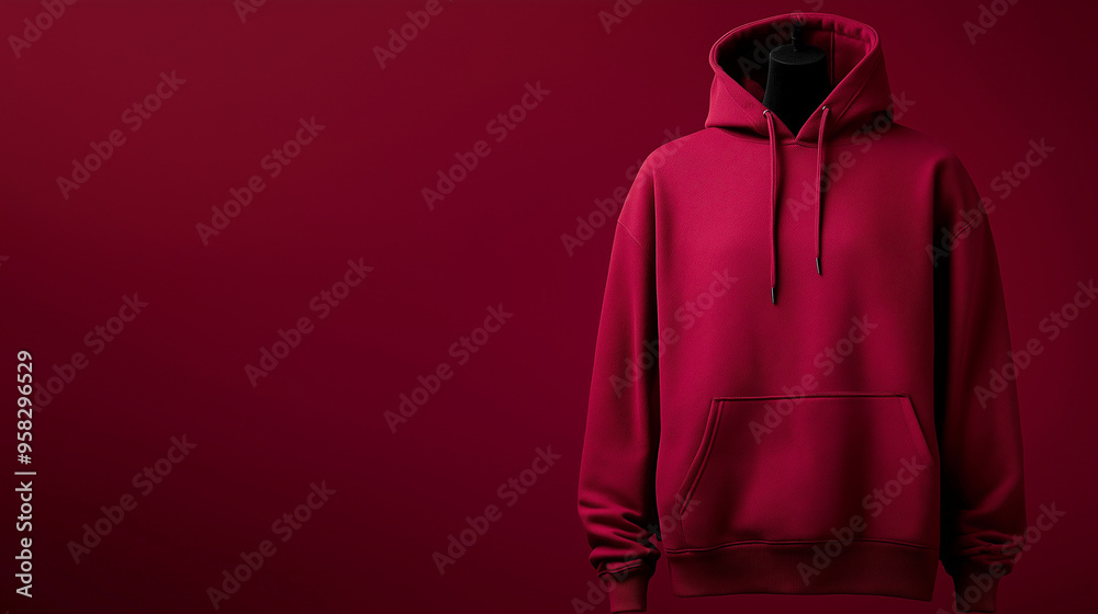 A blank hoodie in rich burgundy on a mannequin, with a matching burgundy background, offering a deep, luxurious visual effect.