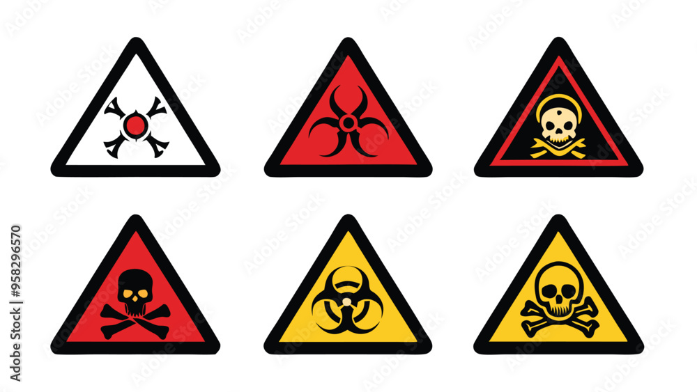 Set of six danger warning sign icons with symbols of poison, toxic, biohazard, skull and crossbones. Set of six danger warning sign icons with symbols of poison, toxic, biohazard, skull and crossbones.