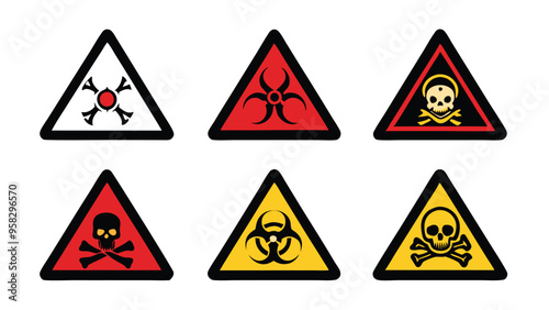 Set of six danger warning sign icons with symbols of poison, toxic, biohazard, skull and crossbones.