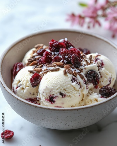 Delicious vanilla ice cream topped with fresh raspberries and nuts in a stylish bowl, perfect for a summer treat.