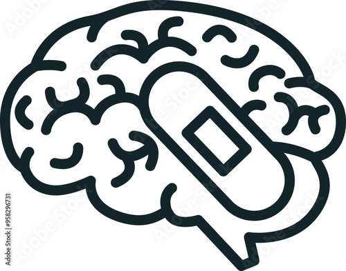 Adhesive bandage covering human brain representing mental health treatment