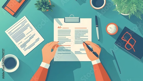 Illustration of a Person Filling Out a Form on a Desk with a Pen