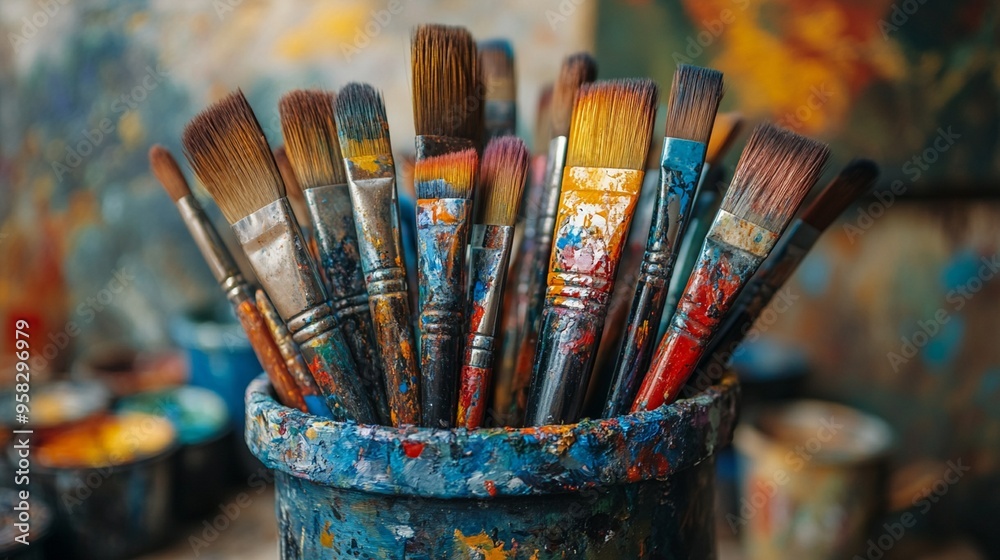A diverse collection of paint brushes can be found in a blue cup A diverse collection of paint brushes can be found in a blue cup