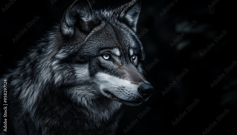 Monochrome Wolf with Intense Eyes Detailed Fur in Dark Background Monochrome Wolf with Intense Eyes Detailed Fur in Dark Background