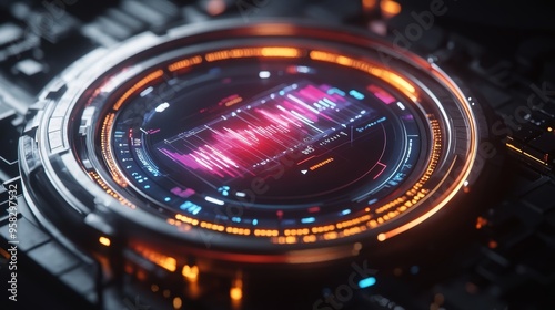 Wallpaper Mural High-tech water gauge with animated holograms, glowing brightly in a water treatment plant with advanced machinery, hyper-realistic, cyberpunk-inspired, vivid neon contrasts, sleek design. Torontodigital.ca