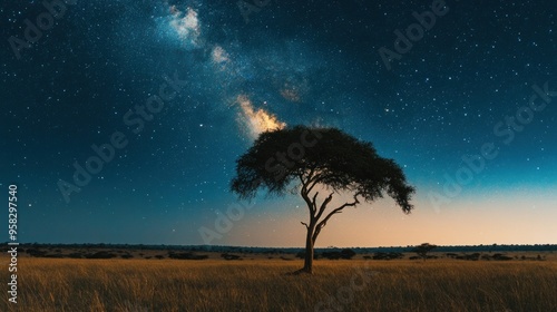 Silhouetted Tree Against Milky Way Over Grassy Field