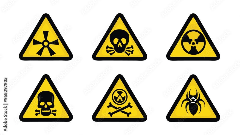 A set of yellow triangular danger warning signs with black borders and various black icons. A set of yellow triangular danger warning signs with black borders and various black icons.