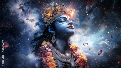 A celestial portrayal of Krishna, wearing a crown of jewels and garlands of flowers, surrounded by an aura of divine light, with a backdrop of a cosmic landscape.