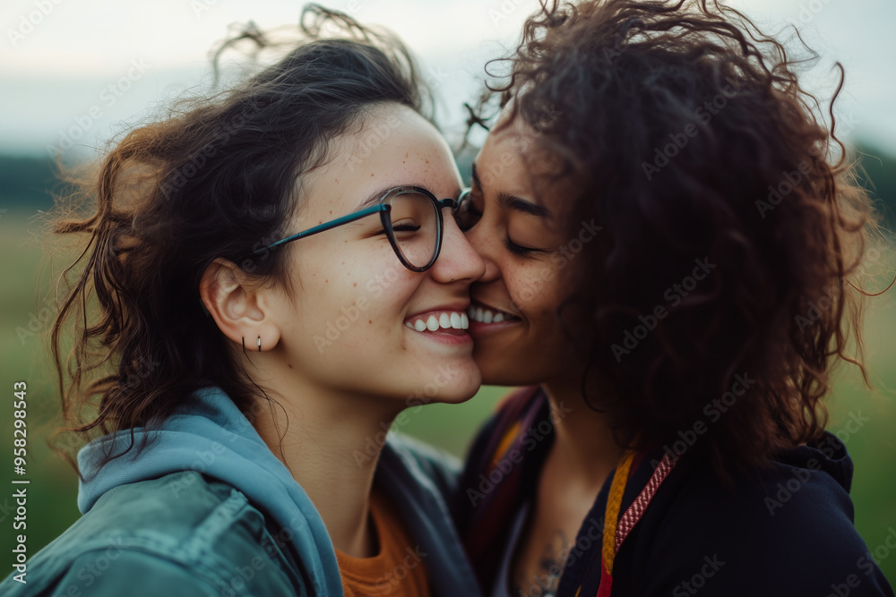Two young happy women kissing Two young happy women kissing