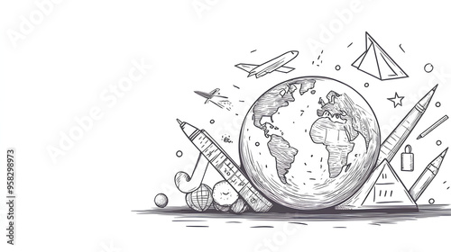 Globe, paper plane, compass, pens composition. Back to school education concept. Continuous one line drawing. Vector illustrations. Corner decoration