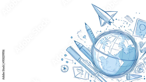 Globe, paper plane, compass, pens composition. Back to school education concept. Continuous one line drawing. Vector illustrations. Corner decoration