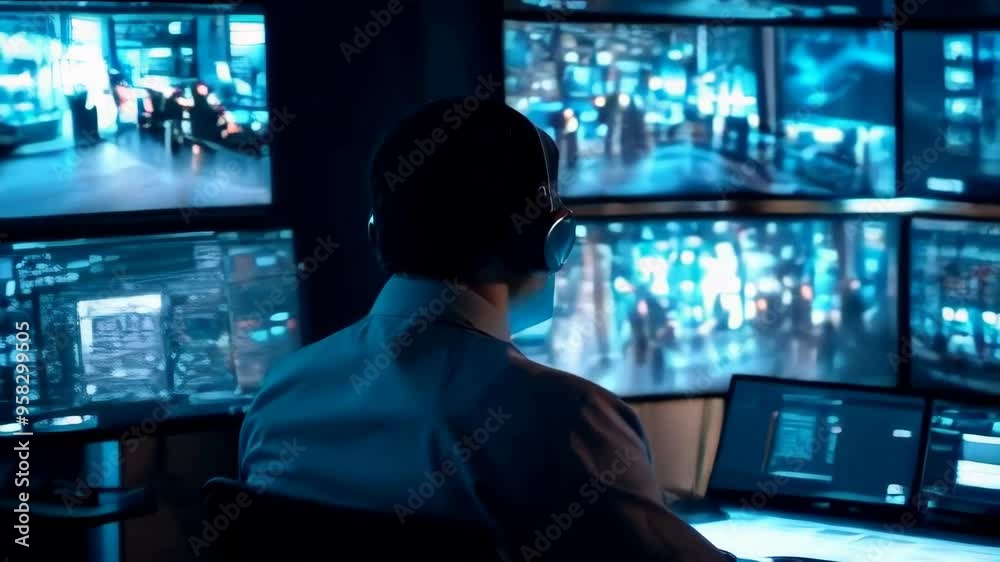 Security man controlling multiple monitors displaying various surveillance images. Security man controlling multiple monitors displaying various surveillance images.