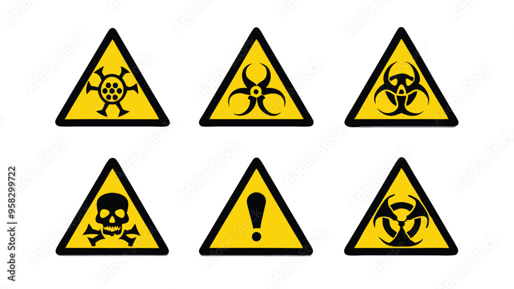 A set of six warning signs with various danger symbols, including a skull and crossbones, biohazard symbols, and an exclamation mark. A set of six warning signs with various danger symbols, including a skull and crossbones, biohazard symbols, and an exclamation mark.