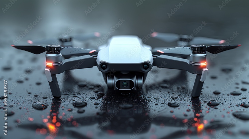 A white drone with black accents, sitting on a wet surface with raindrops. A white drone with black accents, sitting on a wet surface with raindrops.