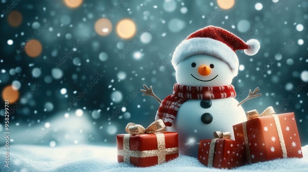 Smiling snowman with a red scarf and Santa hat, surrounded by snow and gift boxes, against a blurred snowy background with bokeh lights Smiling snowman with a red scarf and Santa hat, surrounded by snow and gift boxes, against a blurred snowy background with bokeh lights