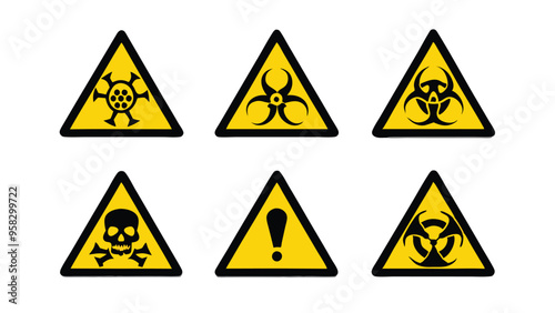 Free Download A set of six warning signs with various danger symbols, including a skull and crossbones, biohazard symbols, and an exclamation mark. - GFXLoad