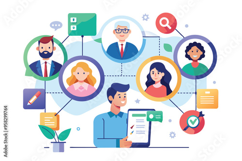 A diverse group of individuals engaged with laptops and phones, surrounded by icons representing recruitment and candidate matching.