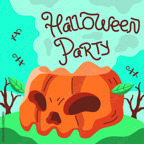 Halloween party with pumpkins. Flat vector illustration and hand drawn background on halloween theme.