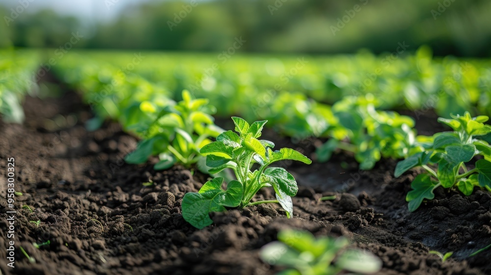 A close-up of rows of green potato plants in a field. A close-up of rows of green potato plants in a field.